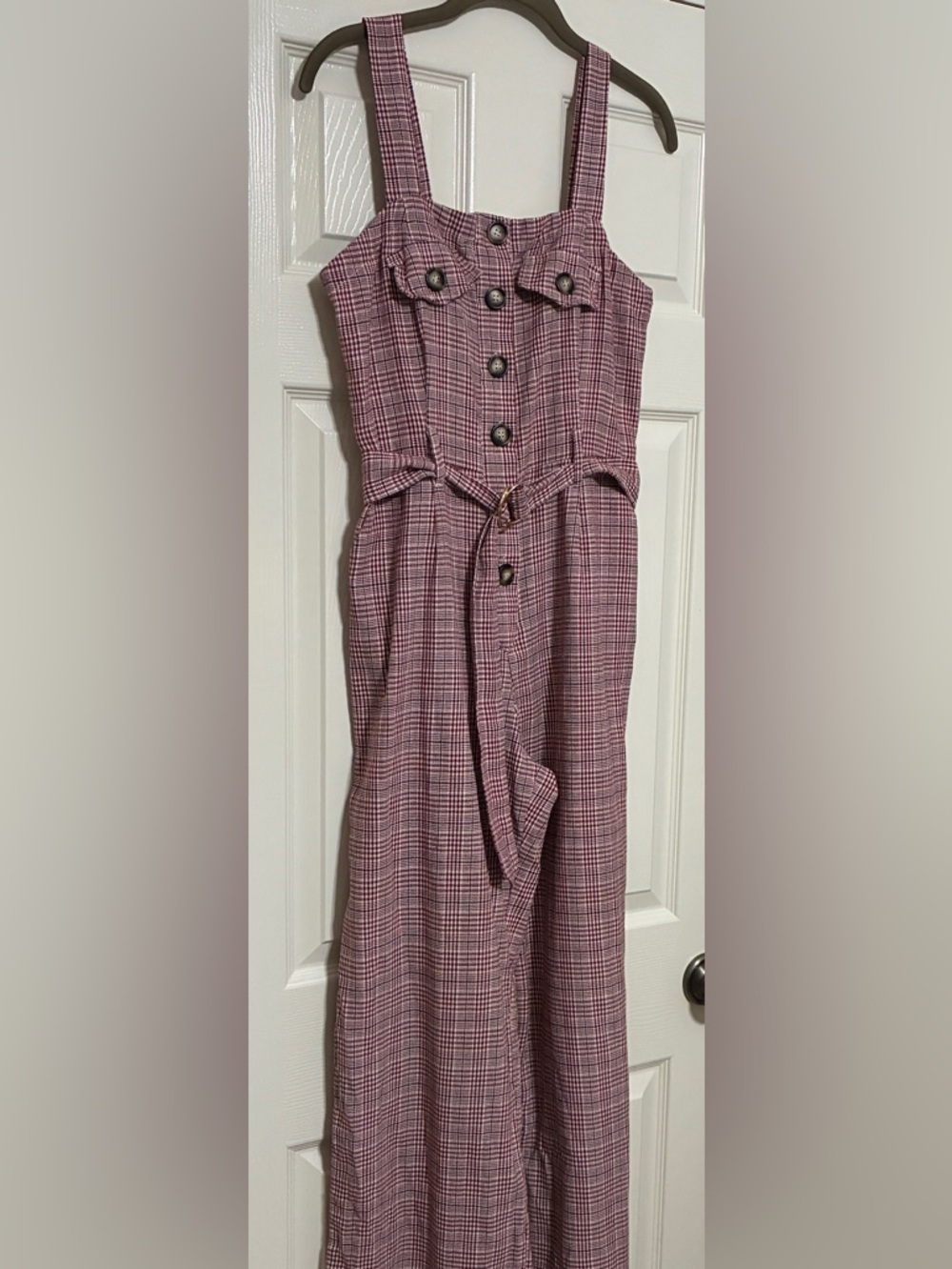 CHARLOTTE RUSSE Plaid jumpsuit Size Medium Maroon/Dark blue/cream slight flare - Picture 2 of 7
